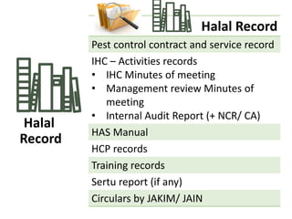 Halal
Record
Halal Record
Pest control contract and service record
IHC – Activities records
• IHC Minutes of meeting
• Management review Minutes of
meeting
• Internal Audit Report (+ NCR/ CA)
HAS Manual
HCP records
Training records
Sertu report (if any)
Circulars by JAKIM/ JAIN
 