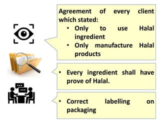 Agreement of every client
which stated:
• Only to use Halal
ingredient
• Only manufacture Halal
products
• Every ingredient shall have
prove of Halal.
• Correct labelling on
packaging
 