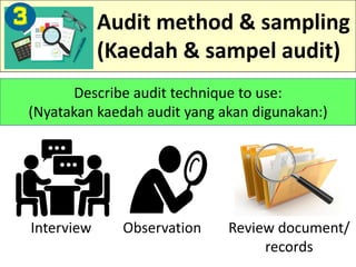 Audit method & sampling
(Kaedah & sampel audit)
3
Describe audit technique to use:
(Nyatakan kaedah audit yang akan digunakan:)
Interview Observation Review document/
records
 