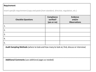 Requirement:
Insert specific requirement (copy and paste from standard, directive, regulation, etc.)
Checklist Questions
Compliance
verified?
(yes or no)
Evidence
and/or
Observations
1.
2.
3.
4.
5.
Audit Sampling Methods (where to look and how many to look at, find, discuss or interview)
Additional Comments (use additional pages as needed)
 