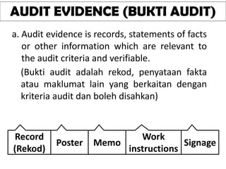 AUDIT EVIDENCE (BUKTI AUDIT)
a. Audit evidence is records, statements of facts
or other information which are relevant to
the audit criteria and verifiable.
(Bukti audit adalah rekod, penyataan fakta
atau maklumat lain yang berkaitan dengan
kriteria audit dan boleh disahkan)
Record
(Rekod)
Poster Memo
Work
instructions
Signage
 