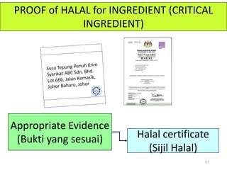 57
PROOF of HALAL for INGREDIENT (CRITICAL
INGREDIENT)
Appropriate Evidence
(Bukti yang sesuai) Halal certificate
(Sijil Halal)
 