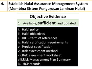 Objective Evidence
1. Available, sufficient and updated
4. Establish Halal Assurance Management System
(Membina Sistem Pengurusan Jaminan Halal)
i. Halal policy
ii. Halal objectives
iii. IHC – term of references
iv. Halal certification requirements
v. Product specification
vi. Risk assessment method
vii.Risk assessment worksheet
viii.Risk Management Plan Summary
ix. HCP records
 