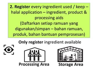 2. Register every ingredient used / keep –
halal application – ingredient, product &
processing aids
(Daftarkan setiap ramuan yang
digunakan/simpan – bahan ramuan,
produk, bahan bantuan pemprosesan)
Only register ingredient available
Processing Area Storage Area
 