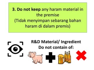 3. Do not keep any haram material in
the premise
(Tidak menyimpan sebarang bahan
haram di dalam premis)
R&D Material/ Ingredient
Do not contain of:
 
