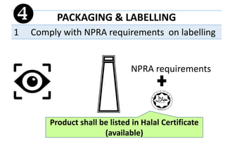 PACKAGING & LABELLING
1 Comply with NPRA requirements on labelling

NPRA requirements
Product shall be listed in Halal Certificate
(available)
 