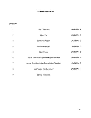 xi
SENARAI LAMPIRAN
LAMPIRAN
1 Ujian Diagnostik LAMPIRAN A
2 Ujian Pra LAMPIRAN B
3 Lembaran Kerja 1 LAMPIRAN C
4 Lembaran Kerja 2 LAMPIRAN D
5 Ujian Pasca LAMPIRAN E
6 Jadual Spesifikasi Ujian Pra Kajian Tindakan LAMPIRAN F
7 Jadual Spesifikasi Ujian Pasca Kajian Tindakan LAMPIRAN G
8 Mini “Model Kondominium” LAMPIRAN H
9 Borang Kolaborasi -
 