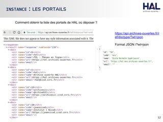 INSTANCE : LES PORTAILS
Comment obtenir la liste des portails de HAL où déposer ?
https://api.archives-ouvertes.fr/r
ef/doctype/?wt=json
Format JSON /?wt=json
 