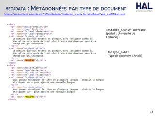 METADATA : MÉTADONNÉES PAR TYPE DE DOCUMENT
instance_s=univ-lorraine
portail : Université de
Lorraine)
docType_s=ART
 