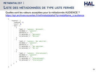METADATALIST :
LISTE DES MÉTADONNÉES DE TYPE LISTE FERMÉE
Quelles sont les valeurs acceptées pour la métadonnée AUDIENCE ?
https://api.archives-ouvertes.fr/ref/metadatalist/?q=metaName_s:audience
 