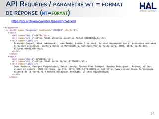 API REQUÊTES / PARAMÈTRE WT = FORMAT
DE RÉPONSE (WT=FORMAT)
https://api.archives-ouvertes.fr/search/?wt=xml
 