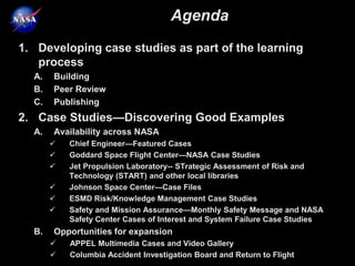 Agenda
1. Developing case studies as part of the learning
   process
  A.   Building
  B.   Peer Review
  C.   Publishing
2. Case Studies—Discovering Good Examples
  A.   Availability across NASA
          Chief Engineer—Featured Cases
          Goddard Space Flight Center—NASA Case Studies
          Jet Propulsion Laboratory-- STrategic Assessment of Risk and
           Technology (START) and other local libraries
          Johnson Space Center—Case Files
          ESMD Risk/Knowledge Management Case Studies
          Safety and Mission Assurance—Monthly Safety Message and NASA
           Safety Center Cases of Interest and System Failure Case Studies
  B.   Opportunities for expansion
          APPEL Multimedia Cases and Video Gallery
          Columbia Accident Investigation Board and Return to Flight
 