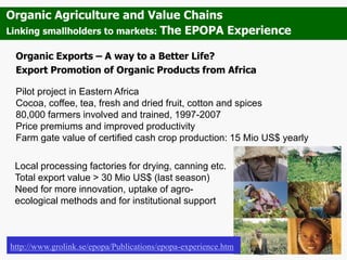 Organic Exports – A way to a Better Life?
Export Promotion of Organic Products from Africa
Organic Agriculture and Value Chains
Linking smallholders to markets: The EPOPA Experience
Pilot project in Eastern Africa
Cocoa, coffee, tea, fresh and dried fruit, cotton and spices
80,000 farmers involved and trained, 1997-2007
Price premiums and improved productivity
Farm gate value of certified cash crop production: 15 Mio US$ yearly
Local processing factories for drying, canning etc.
Total export value > 30 Mio US$ (last season)
Need for more innovation, uptake of agro-
ecological methods and for institutional support
http://www.grolink.se/epopa/Publications/epopa-experience.htm
 