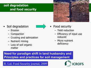 • Soil degradation
– Erosion
– Compaction
– Crusting and salinization
– Nutrient mining
– Loss of soil organic
matter
• Food security
– Yield reduction
– Efficiency of input use
reduced
– Micro nutrient
deficiency
Soil degradation
and food security
Need for paradigm shift in land husbandry and
Principles and practices for soil management
R. Lal, Food Security journal, 2009
 