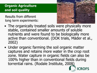 • The organically treated soils were physically more
stable, contained smaller amounts of soluble
nutrients and were found to be biologically more
active than conventional. (DOK trials, Mäder et al.,
2002)
• Under organic farming the soil organic matter
captures and retains more water in the crop root
zone. Water capture in organic fields can also be
100% higher than in conventional fields during
torrential rains. (Rodale Institute, 2008)
Organic Agriculture
and soil quality
Results from different
long term experiments:
 