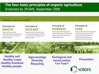 Agro-ecology
Diversity
Recycling
Healthy soil
Healthy crops
Healthy livestock
Healthy people
The four basic principles of organic agriculture
Endorsed by IFOAM, September 2005
Ecological and
social justice
Fari Trade?
Precaution
 