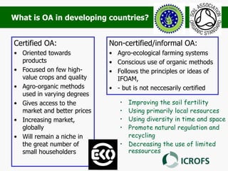 What is OA in developing countries?
Certified OA:
• Oriented towards
products
• Focused on few high-
value crops and quality
• Agro-organic methods
used in varying degrees
• Gives access to the
market and better prices
• Increasing market,
globally
• Will remain a niche in
the great number of
small householders
Non-certified/informal OA:
• Agro-ecological farming systems
• Conscious use of organic methods
• Follows the principles or ideas of
IFOAM,
• - but is not neccesarily certified
• Improving the soil fertility
• Using primarily local resources
• Using diversity in time and space
• Promote natural regulation and
recycling
• Decreasing the use of limited
ressources
 