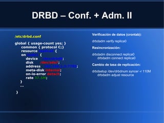 DRBD – Conf. + Adm. II
Verificación de datos (crontab):
drbdadm verify replica0
Resincronización:
drbdadm disconnect replica0
drbdadm connect replica0
Cambio de tasa de replicación:
drbdsetup /dev/drbdnum syncer -r 110M
drbdadm adjust resource
/etc/drbd.conf
global { usage-count yes; }
common { protocol C;}
resource replica0 {
on nodo1 {
device /dev/drbd0;
disk /dev/sda7;
address 192.168.1.5:7789;
meta-disk internal;
on-io-error detach;
rate 37.5M;
}
...
}
 