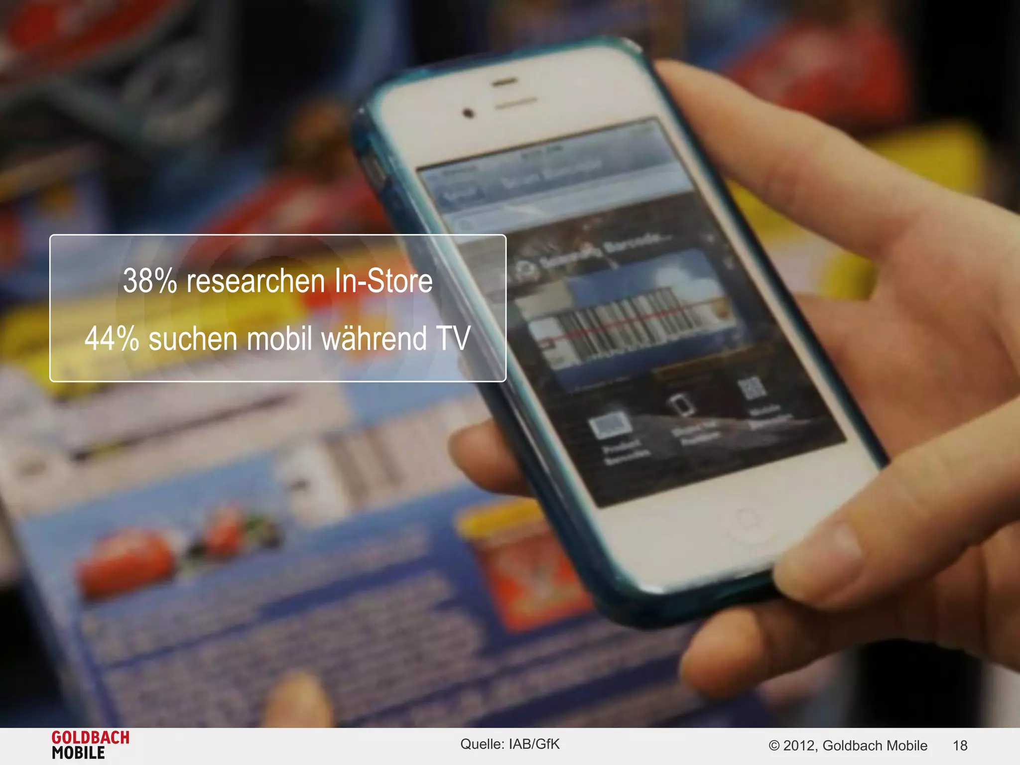 38% researchen In-Store
44% suchen mobil während TV




                            Quelle: IAB/GfK   © 2012, Goldbach Mobile   18
 