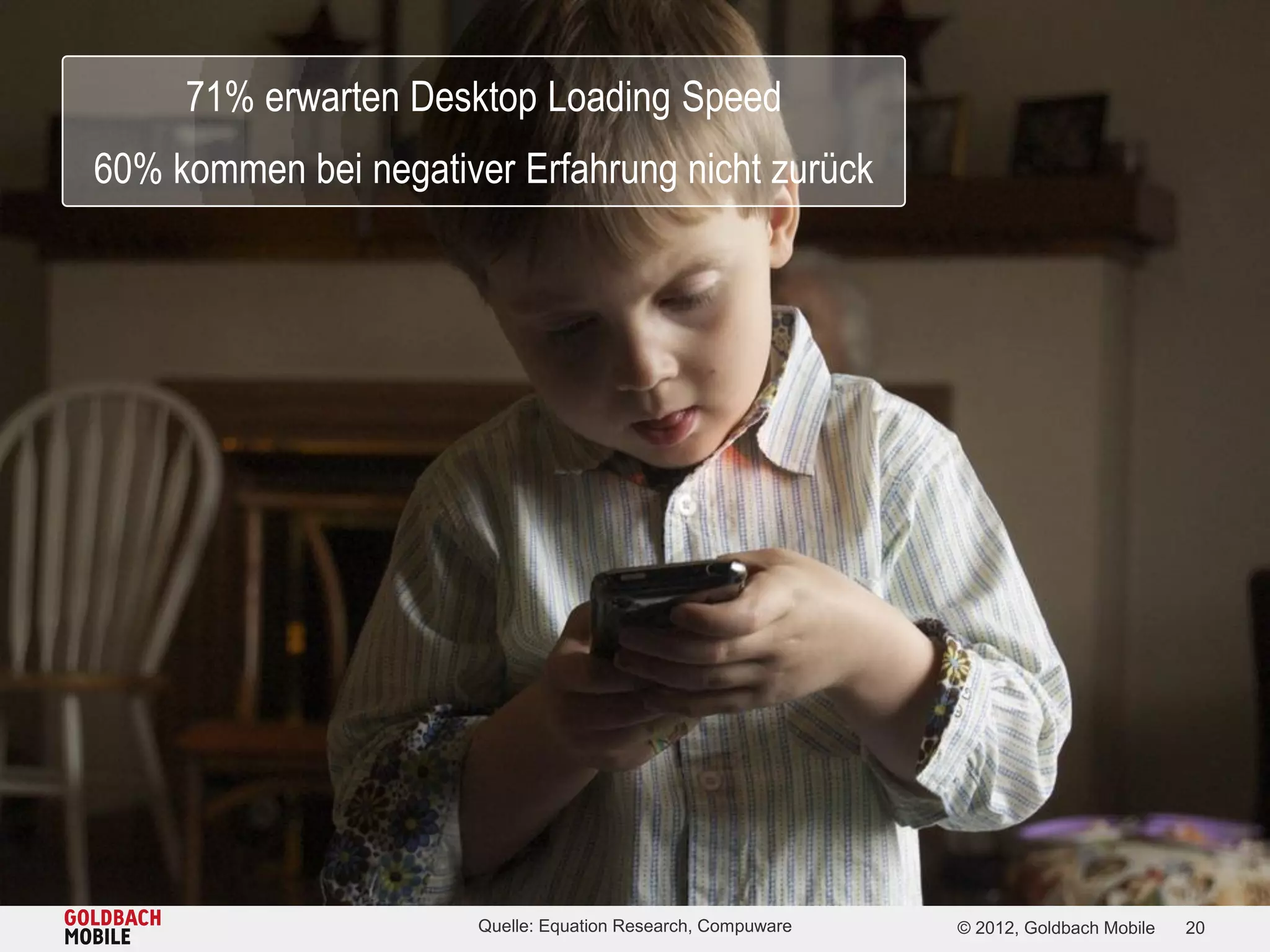 71% erwarten Desktop Loading Speed
60% kommen bei negativer Erfahrung nicht zurück




                       Quelle: Equation Research, Compuware   © 2012, Goldbach Mobile   20
 