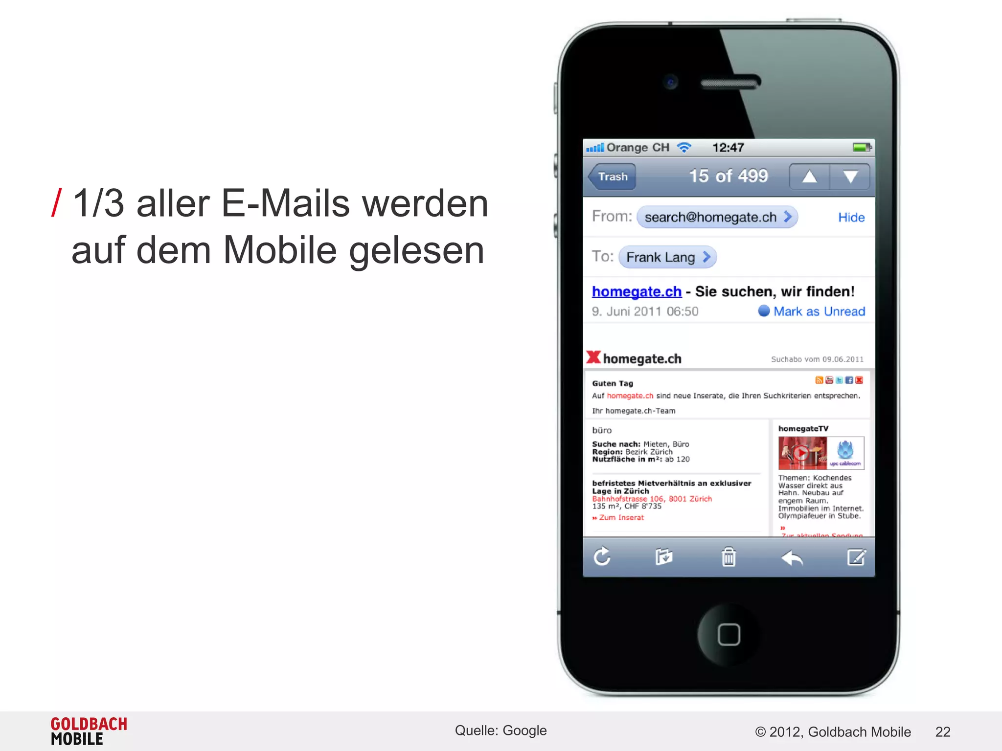 / 1/3 aller E-Mails werden
  auf dem Mobile gelesen




                       Quelle: Google   © 2012, Goldbach Mobile   22
 