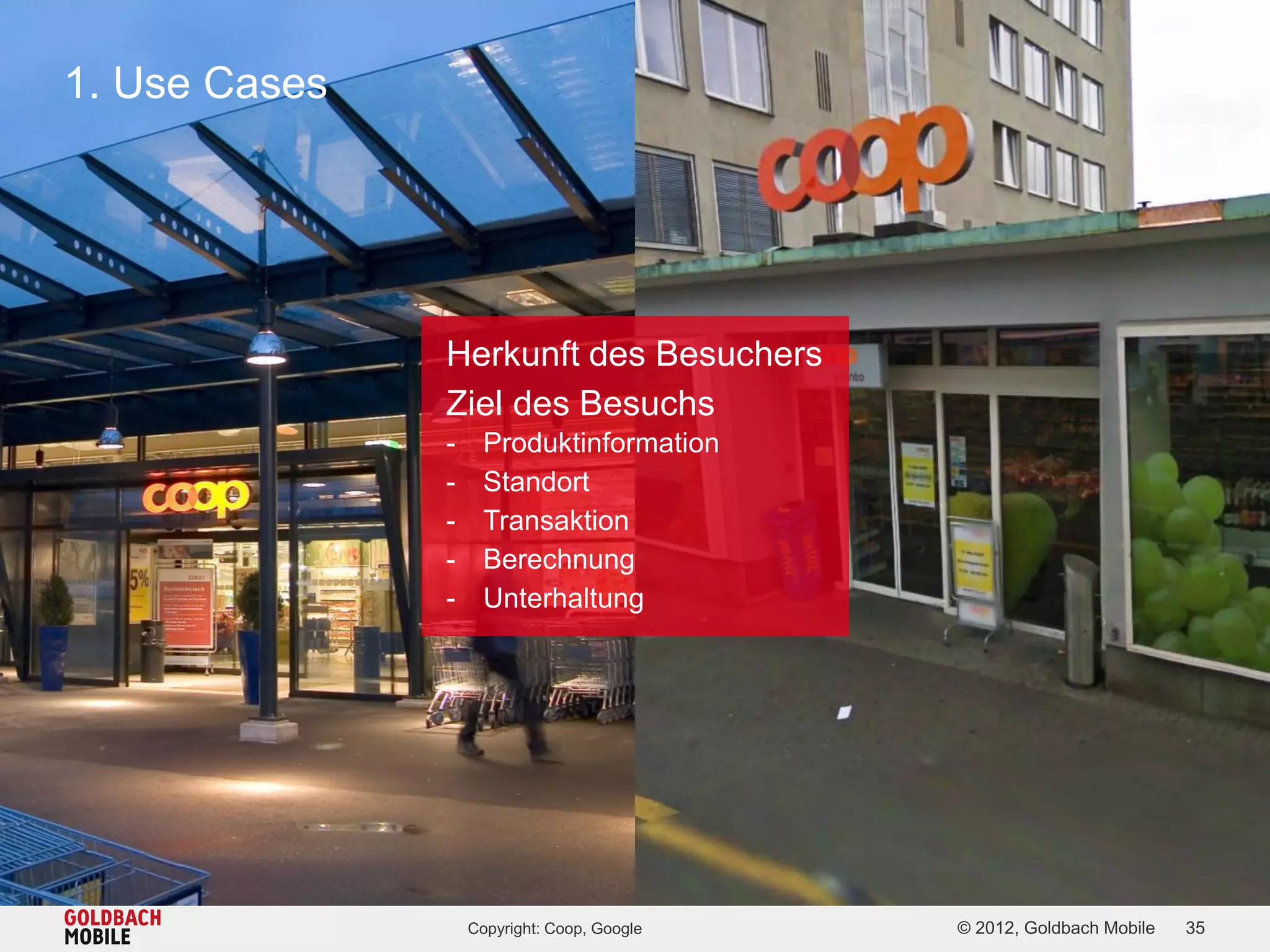 1. Use Cases




               Herkunft des Besuchers
               Ziel des Besuchs
               -     Produktinformation
               -     Standort
               -     Transaktion
               -     Berechnung
               -     Unterhaltung




                   Copyright: Coop, Google   © 2012, Goldbach Mobile   35
 