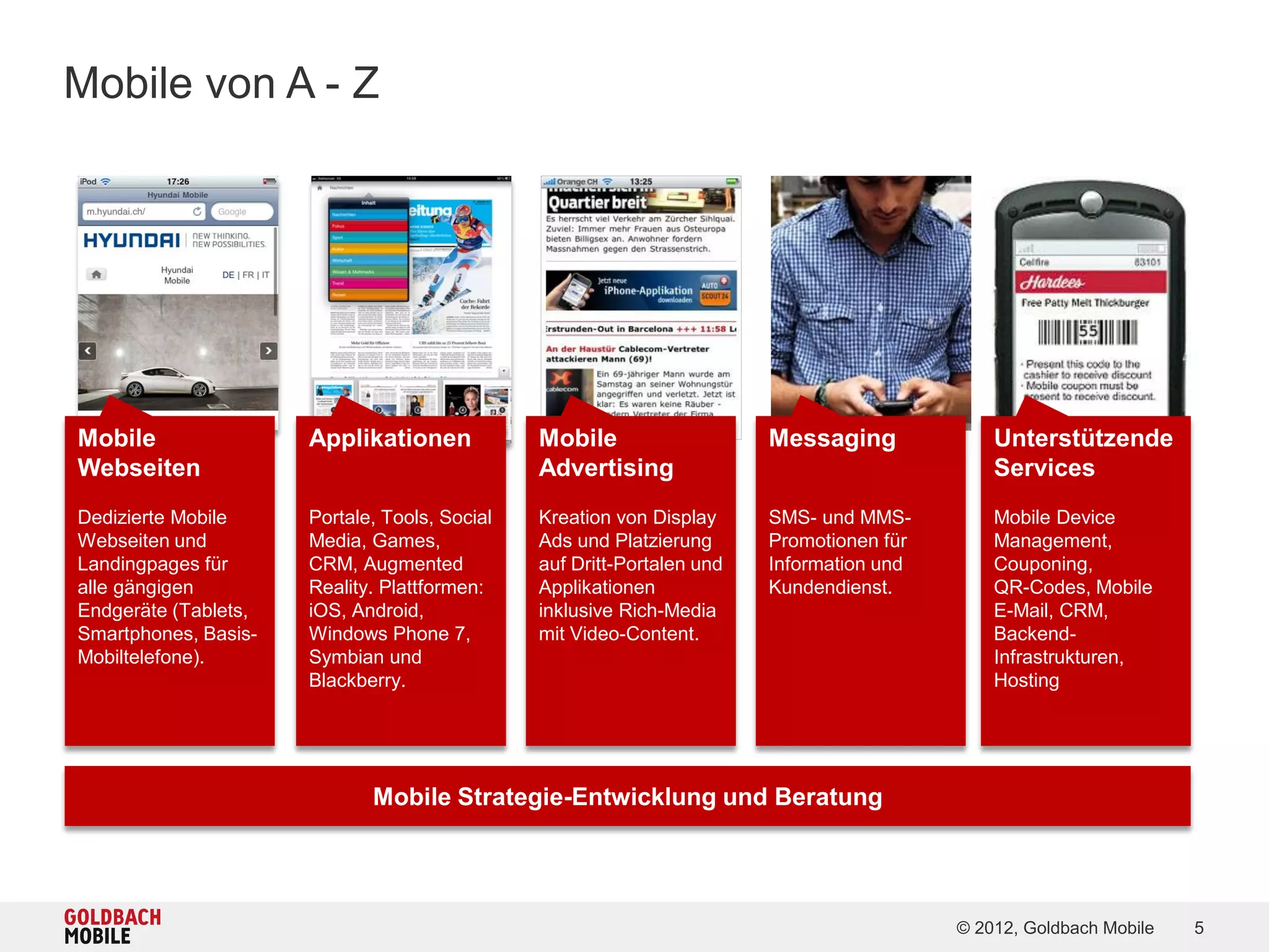 Mobile von A - Z




Mobile                Applikationen            Mobile                   Messaging             Unterstützende
Webseiten                                      Advertising                                    Services
Dedizierte Mobile     Portale, Tools, Social   Kreation von Display     SMS- und MMS-         Mobile Device
Webseiten und         Media, Games,            Ads und Platzierung      Promotionen für       Management,
Landingpages für      CRM, Augmented           auf Dritt-Portalen und   Information und       Couponing,
alle gängigen         Reality. Plattformen:    Applikationen            Kundendienst.         QR-Codes, Mobile
Endgeräte (Tablets,   iOS, Android,            inklusive Rich-Media                           E-Mail, CRM,
Smartphones, Basis-   Windows Phone 7,         mit Video-Content.                             Backend-
Mobiltelefone).       Symbian und                                                             Infrastrukturen,
                      Blackberry.                                                             Hosting




                             Mobile Strategie-Entwicklung und Beratung




                                                                                          © 2012, Goldbach Mobile   5
 