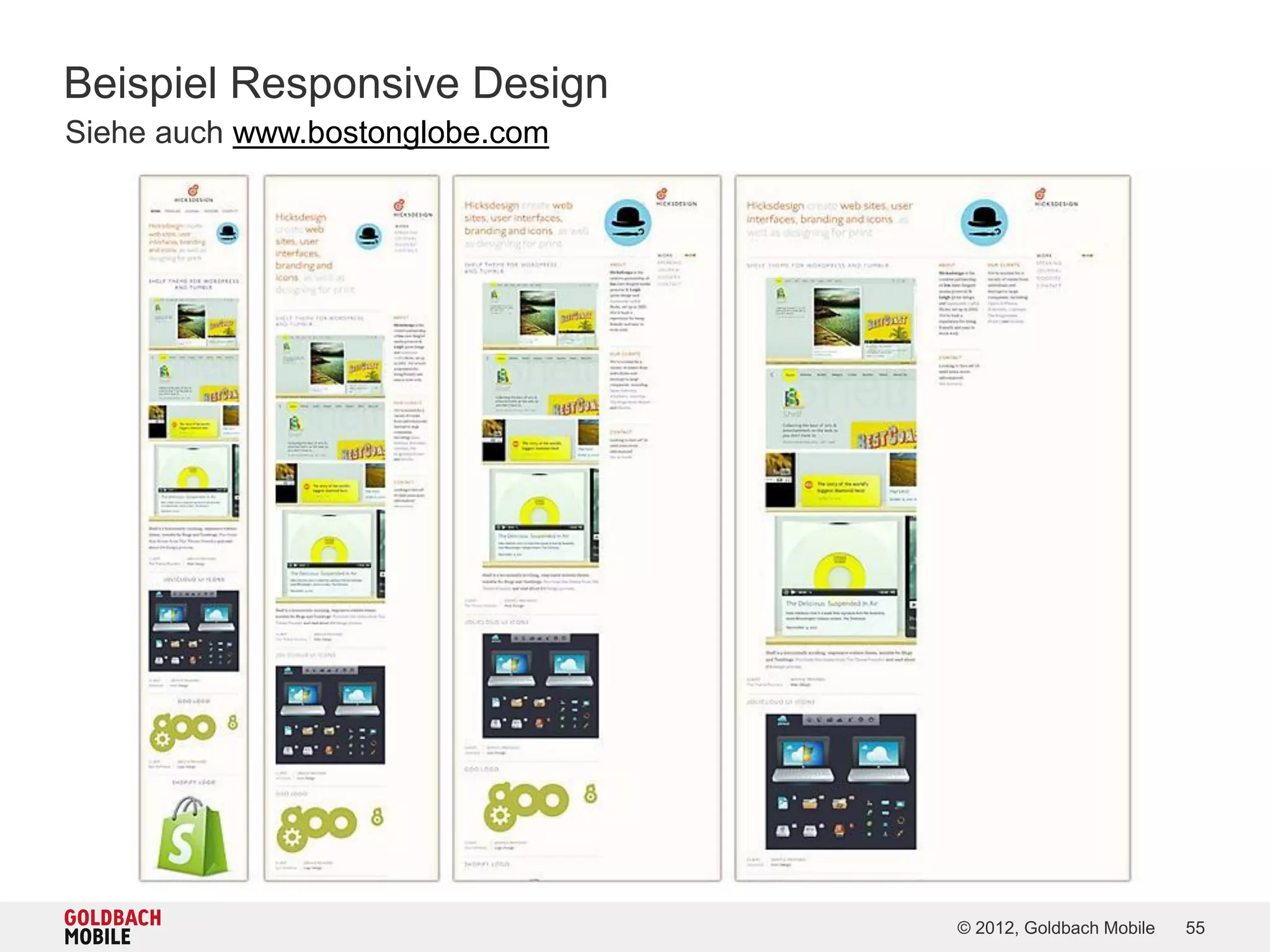 Beispiel Responsive Design
Siehe auch www.bostonglobe.com




                                 © 2012, Goldbach Mobile   55
 