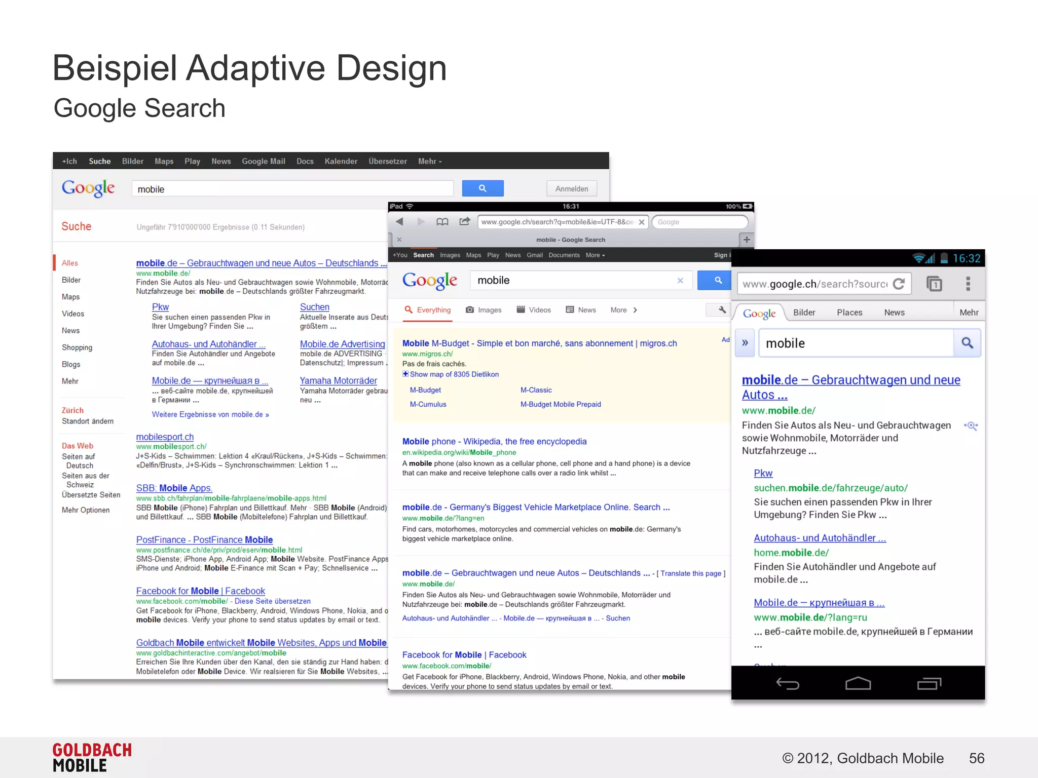 Beispiel Adaptive Design
Google Search




                           © 2012, Goldbach Mobile   56
 
