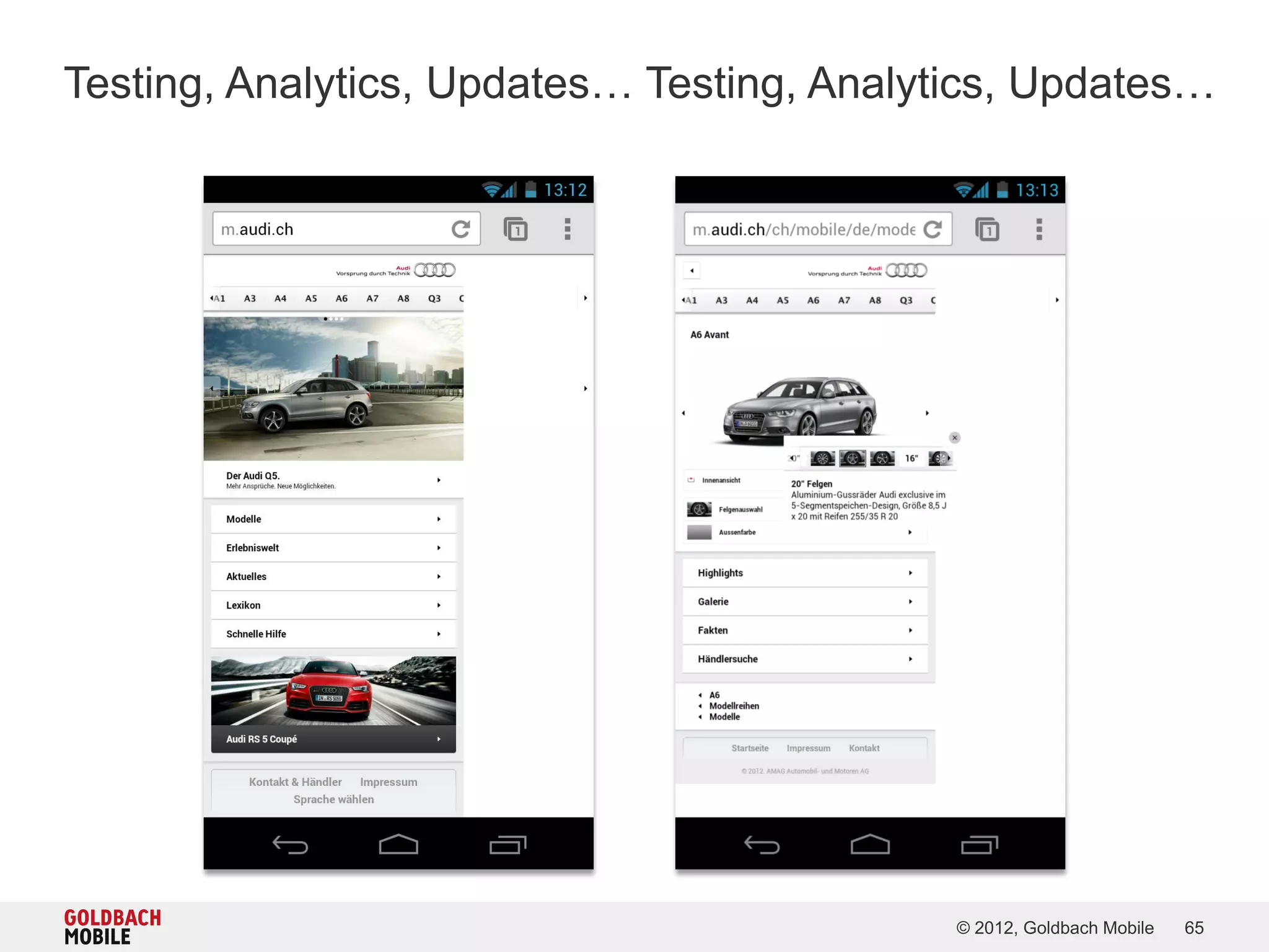 Testing, Analytics, Updates… Testing, Analytics, Updates…




                                            © 2012, Goldbach Mobile   65
 