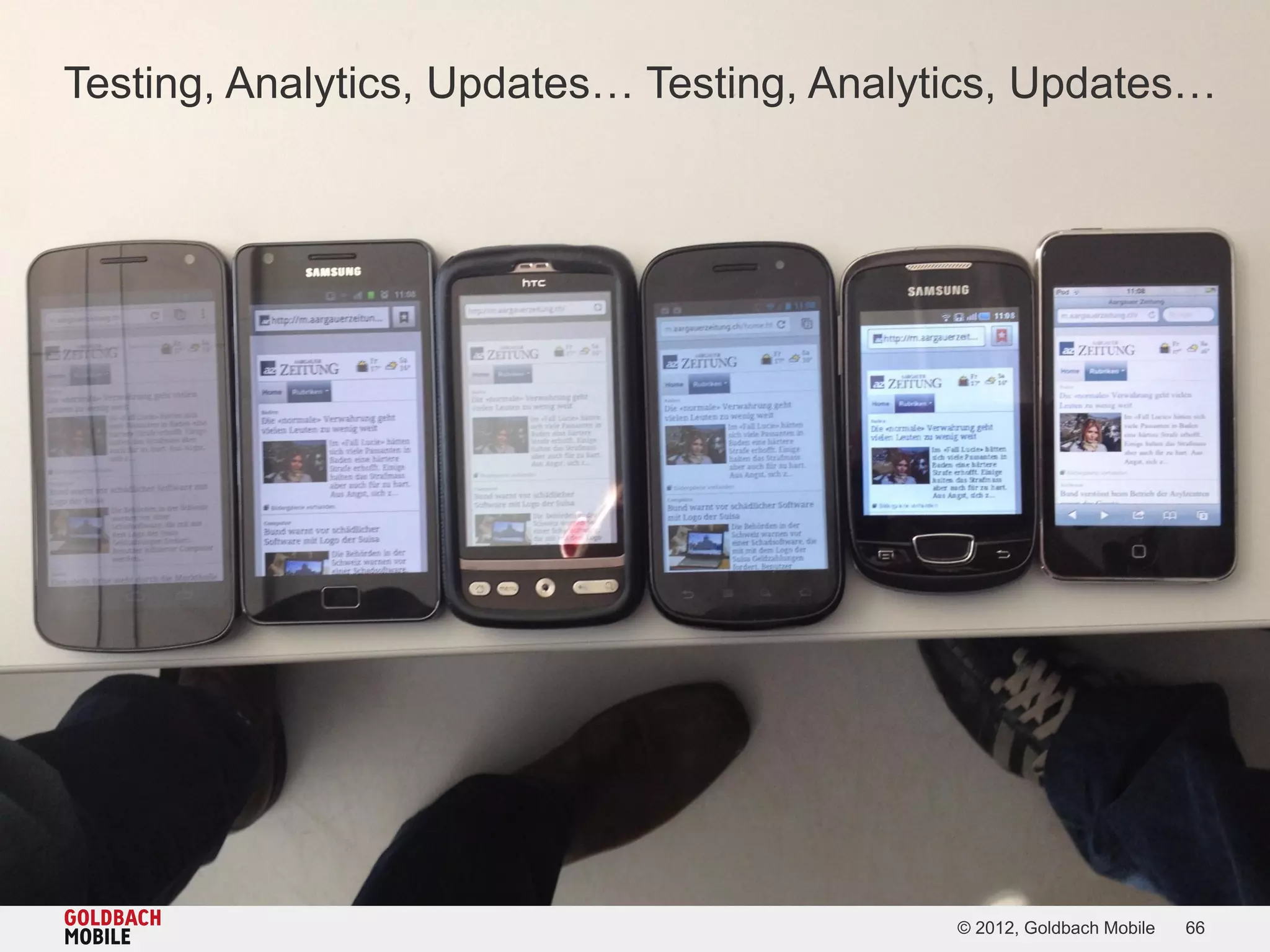 Testing, Analytics, Updates… Testing, Analytics, Updates…




                                            © 2012, Goldbach Mobile   66
 