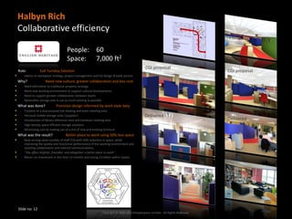 Halbyn Rich
    Collaborative efficiency

                                       People: 60
                                       Space: 7,000 ft2
                                                                                                CGI proposal
    Role:          Full Turnkey Solution                                                                                            CGI proposal
      Advice on workplace strategy, project management and full design & build service
    Why?              Need new culture, greater collaboration and less cost
      Need alternative to traditional property strategy
      Need new working environment to support cultural developments
      Need to support greater collaboration between teams
      Rationalise storage and re use as much existing as possible
    What was done?            Precision design informed by work style data
      Creation of a dual purpose hot desking and team meeting area
      Personal mobile storage units (‘puppies’)                                                Delivered
      Introduction of library reference zone and breakout meeting area                                                             Delivered
      High density space efficient storage solutions
      Minimising cost by making use of a mix of new and existing furniture
    What was the result?              Better place to work using 50% less space
      Now serving same number of staff (52) with 50% reduction in space, while
       improving the quality and functional performance of the working environment and
       assisting collaboration and internal communications.
      “The office brighter, friendlier and altogether a better place to work”.
      Return on investment in less than 12 months and saving £1million within 5years




    Slide no: 12
                                                                 Copyright © 2002-2013 Peoplespace Limited - All Rights Reserved.
 