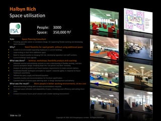Halbyn Rich
    Space utilisation

                                        People: 3000
                                        Space: 350,000 ft2
    Role:          Space Planning Consultant
      Providing specialist advice on workplace design, for supporting flexible working and developing
       space standards .
    Why?               Need flexibility for rapid growth, without using additional space
      Unable to accommodate expanding headcount in current buildings.
      Lease ending on short term additional space.
      Need to respond quickly to changing FSA role, developing legislation and staff numbers.
      Current buildings need upgrade.
    What was done?          Seminar, workshops, feasibility analysis and coaching
      Delivered seminar and workshop sessions to raise understanding of flexible working and best
       practice workplace design, breaking down the ‘one person one desk’ mentality.
      Analysis of working patterns and future business requirements to create scenario options.
      Established flexible workspace principles to support corporate agility, in response to future
       headcount uncertainty.
      Defined the space supply and demand equation.
      Feasibility studies and recommendations for furniture specification.
      Coached client’s in house space planning team in design development and delivery.
    What was the result?            More people in better working environments, at less cost
      Retained existing building with no extra accommodation required.
      Increased space utilisation and adaptability of space, increasing asset efficiency and cutting churn
       costs.
      Created innovative future proof solution with a better working environment’




    Slide no: 13
                                                                   Copyright © 2002-2013 Peoplespace Limited - All Rights Reserved.
 