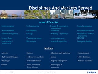 Disciplines And Markets Served Areas of  Expertise : Markets : Transport planning Structural engineering Risk analysis Restructuring / privatization PFI/PPP Asset management Planning and strategy Process design Mechanical / electrical engineering Hydrology / hydraulics Geology Facilities management  Environmental science Economics Due diligence Design and build Coastal engineering Program & construction management Civil engineering Business analysis Water supply & wastewater Water resources & flood  defenses Tunnels Railways and transit Property development Ports and terminals Oil and gas Office Buildings Nuclear Hydropower and dams Highways and bridges Entertainment Education and Healthcare Defense Airports 