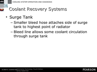 Coolant Recovery Systems Surge Tank Smaller bleed hose attaches side of surge tank to highest point of radiator Bleed line allows some coolant circulation through surge tank 