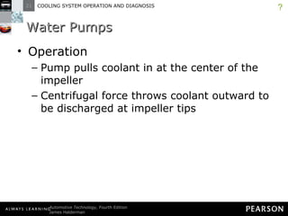 Water Pumps Operation Pump pulls coolant in at the center of the impeller Centrifugal force throws coolant outward to be discharged at impeller tips ? 