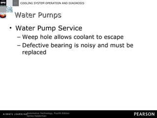 Water Pumps Water Pump Service Weep hole allows coolant to escape Defective bearing is noisy and must be replaced 