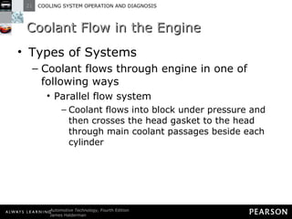 Coolant Flow in the Engine Types of Systems Coolant flows through engine in one of following ways Parallel flow system Coolant flows into block under pressure and then crosses the head gasket to the head through main coolant passages beside each cylinder 