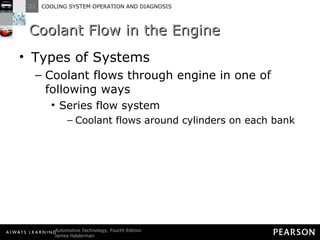 Coolant Flow in the Engine Types of Systems Coolant flows through engine in one of following ways Series flow system Coolant flows around cylinders on each bank 