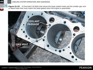 Figure 21-22   A Chevrolet V-8 block that shows the large coolant holes and the smaller gas vent or bleed holes that must match the head gasket when the engine is assembled. 