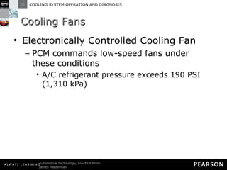 Cooling Fans Electronically Controlled Cooling Fan PCM commands low-speed fans under these conditions A/C refrigerant pressure exceeds 190 PSI (1,310 kPa) 