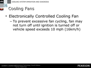 Cooling Fans Electronically Controlled Cooling Fan To prevent excessive fan cycling, fan may not turn off until ignition is turned off or vehicle speed exceeds 10 mph (16km/h) 