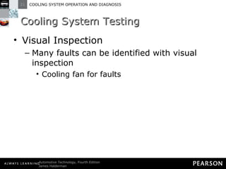 Cooling System Testing Visual Inspection Many faults can be identified with visual inspection Cooling fan for faults 