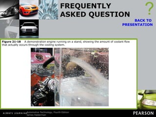 FREQUENTLY ASKED QUESTION How Much Coolant Can a Water Pump Move? A typical water pump can move a maximum of about 7,500 gallons (28,000 liters) of coolant per hour, or recirculate the coolant in the engine over 20 times per minute.  ? BACK TO  PRESENTATION This means that a water pump could be used to empty a typical private swimming pool in an hour! The slower the engine speed, the less power is consumed by the water pump. However, even at 35 mph (56 km/h), the typical water pump still moves about 2,000 gallons (7,500 liters) per hour or 0.5 gallon (2 liters) per second! Figure 21-18   A demonstration engine running on a stand, showing the amount of coolant flow that actually occurs through the cooling system. 