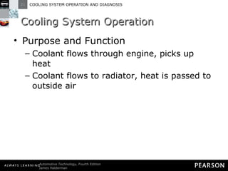 Cooling System Operation Purpose and Function Coolant flows through engine, picks up heat Coolant flows to radiator, heat is passed to outside air 