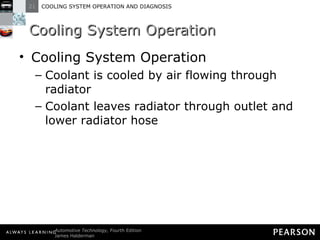 Cooling System Operation Cooling System Operation Coolant is cooled by air flowing through radiator Coolant leaves radiator through outlet and lower radiator hose 