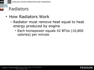 Radiators How Radiators Work Radiator must remove heat equal to heat energy produced by engine Each horsepower equals 42 BTUs (10,800 calories) per minute 