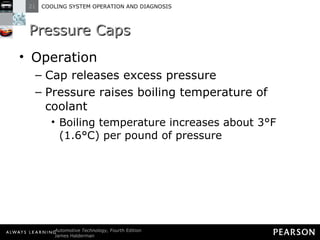 Pressure Caps Operation Cap releases excess pressure Pressure raises boiling temperature of coolant Boiling temperature increases about 3°F (1.6°C) per pound of pressure 