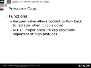 Pressure Caps Functions Vacuum valve allows coolant to flow back to radiator when it cools down NOTE: Proper pressure cap especially important at high altitudes. 