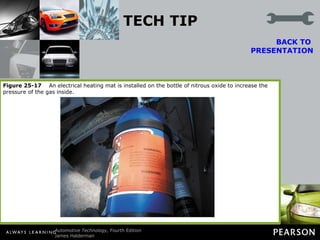 TECH TIP Increase Bottle Pressure To increase the pressure of the nitrous oxide in a bottle, an electrical warming blanket can be used, as seen in FIGURE 25–17. The higher the temperature, the higher the pressure and the greater the amount of N 2 O flow when energized. BACK TO  PRESENTATION Figure 25-17   An electrical heating mat is installed on the bottle of nitrous oxide to increase the pressure of the gas inside. 